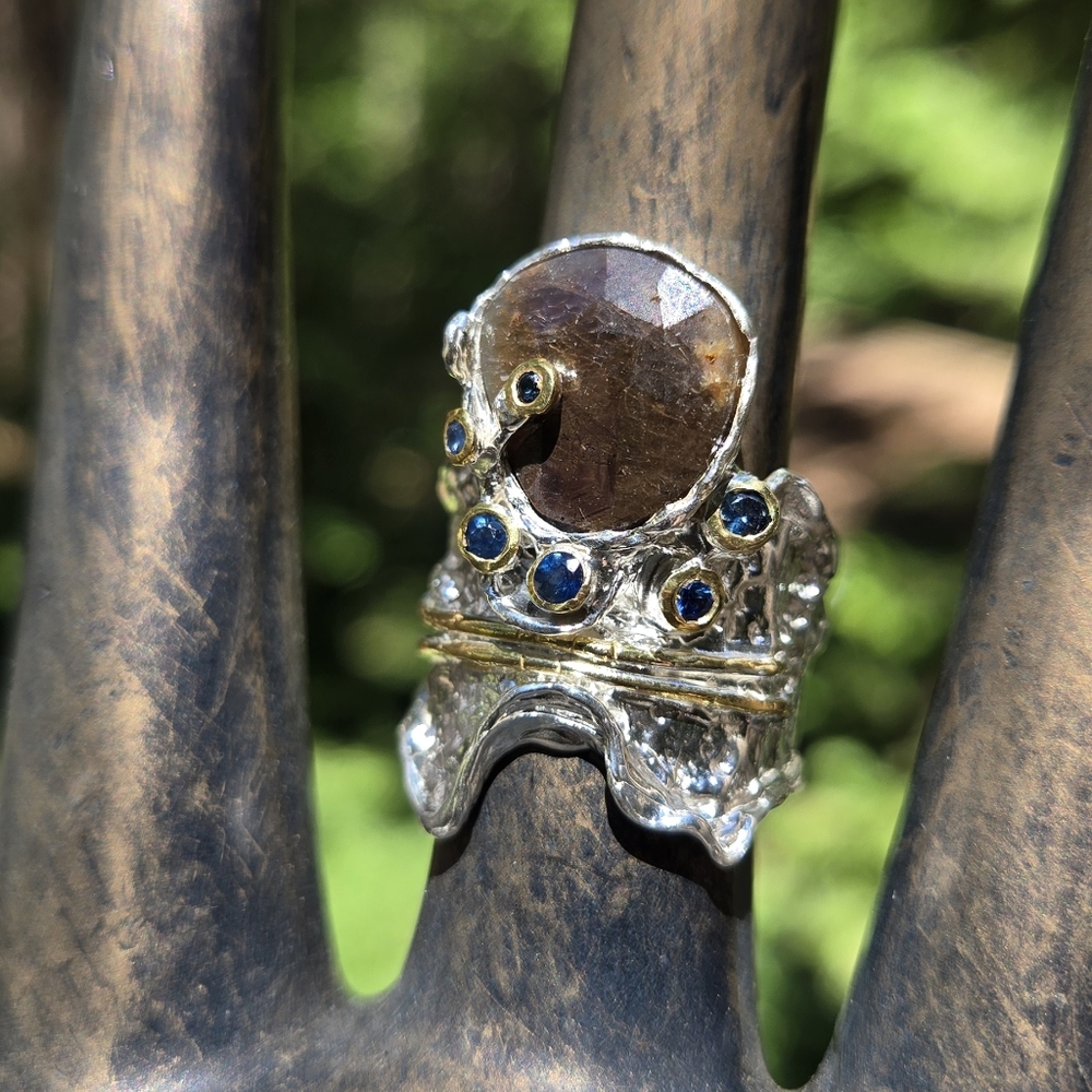 Black & Blue Sapphire Ornate Silver & Gold Moon Ring Sz7.5 - Picture 3 of 9